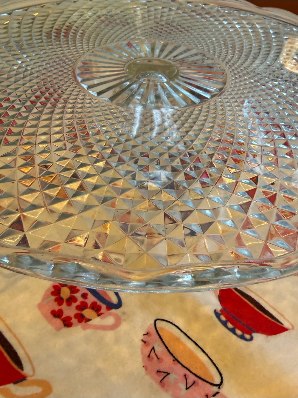 Mid Century Clear Glass Diamond Patterned Cake Plate